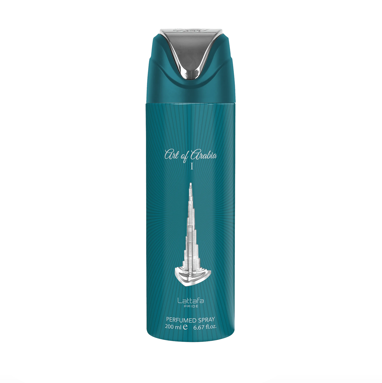 Ammattimainen tuotekuva Lattafa Pride Art Of Arabia 1 -deodoranttipullosta (200 ml), joka korostaa sen tyylikästä muotoilua ja Lattafa Pride -malliston ensiluokkaista, eleganttia tuotemerkkiä puhdasta, modernia taustaa vasten.