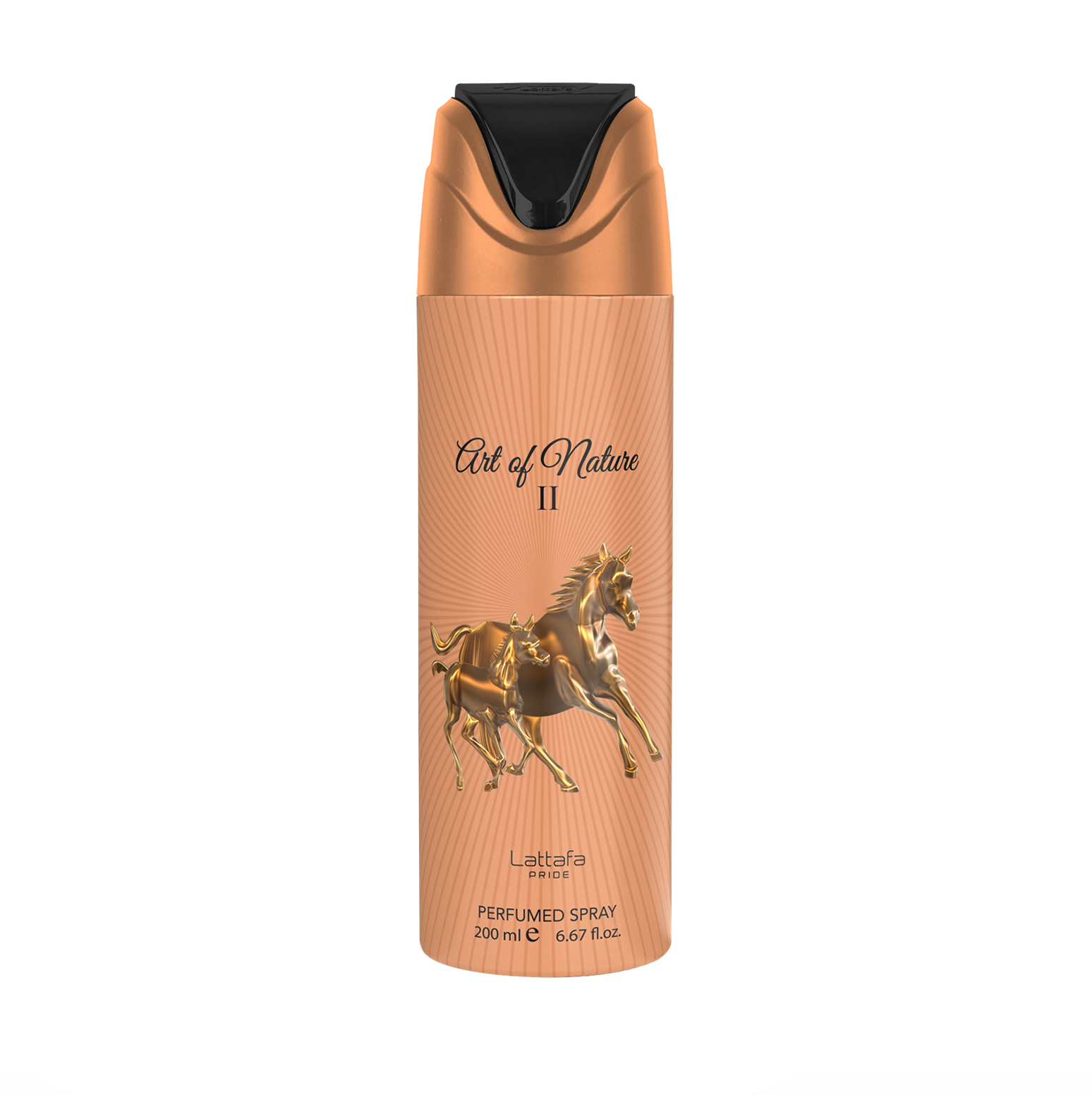 Ammattimainen tuotekuva Lattafa Pride Art of Nature II -deodoranttipullosta (200 ml), jossa korostuu sen tyylikäs muotoilu ja Lattafa Pride -malliston ensiluokkainen, elegantti brändi puhdasta, modernia taustaa vasten.