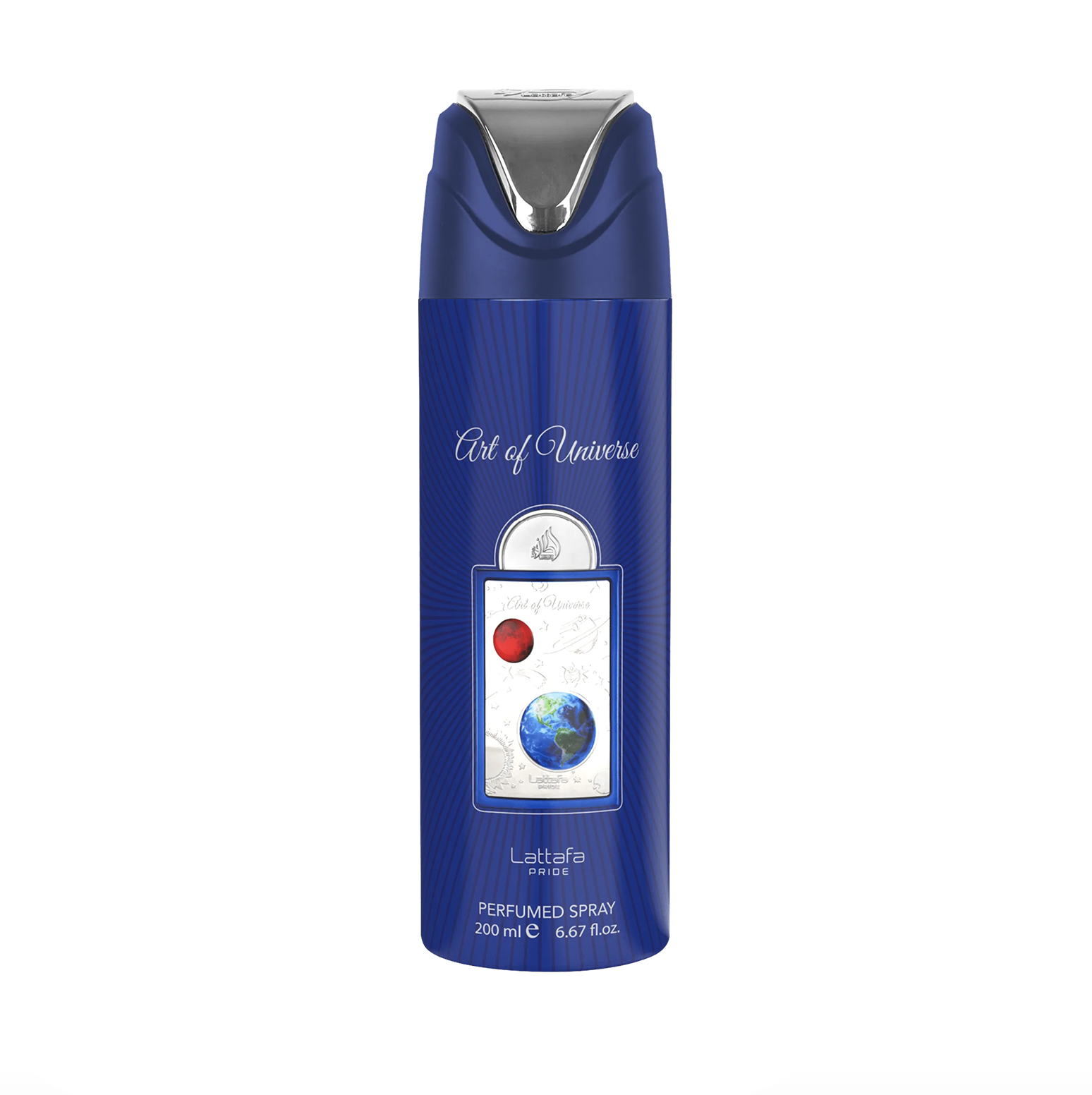 Tuotekuva Lattafa Pride Art of Universe -deodoranttipullon sinisestä pullosta (200 ml), jossa korostuu sen tyylikäs muotoilu ja Lattafa Pride -malliston ensiluokkainen, tyylikäs brändi puhtaalla, valkoisella taustalla.
