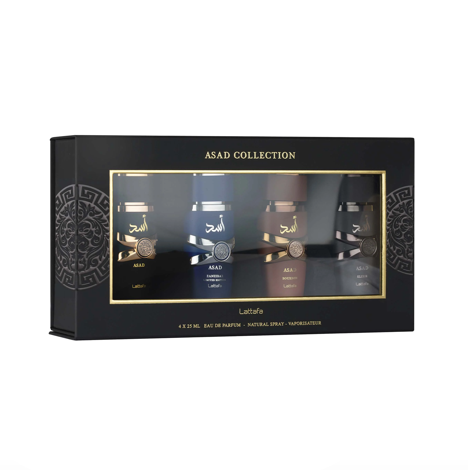 A premium gift set featuring four 25ml bottles of Lattafa Asad series fragrances: EDP, Bourbon, Zanzibar, and Elixir, displayed in their original branded packaging.