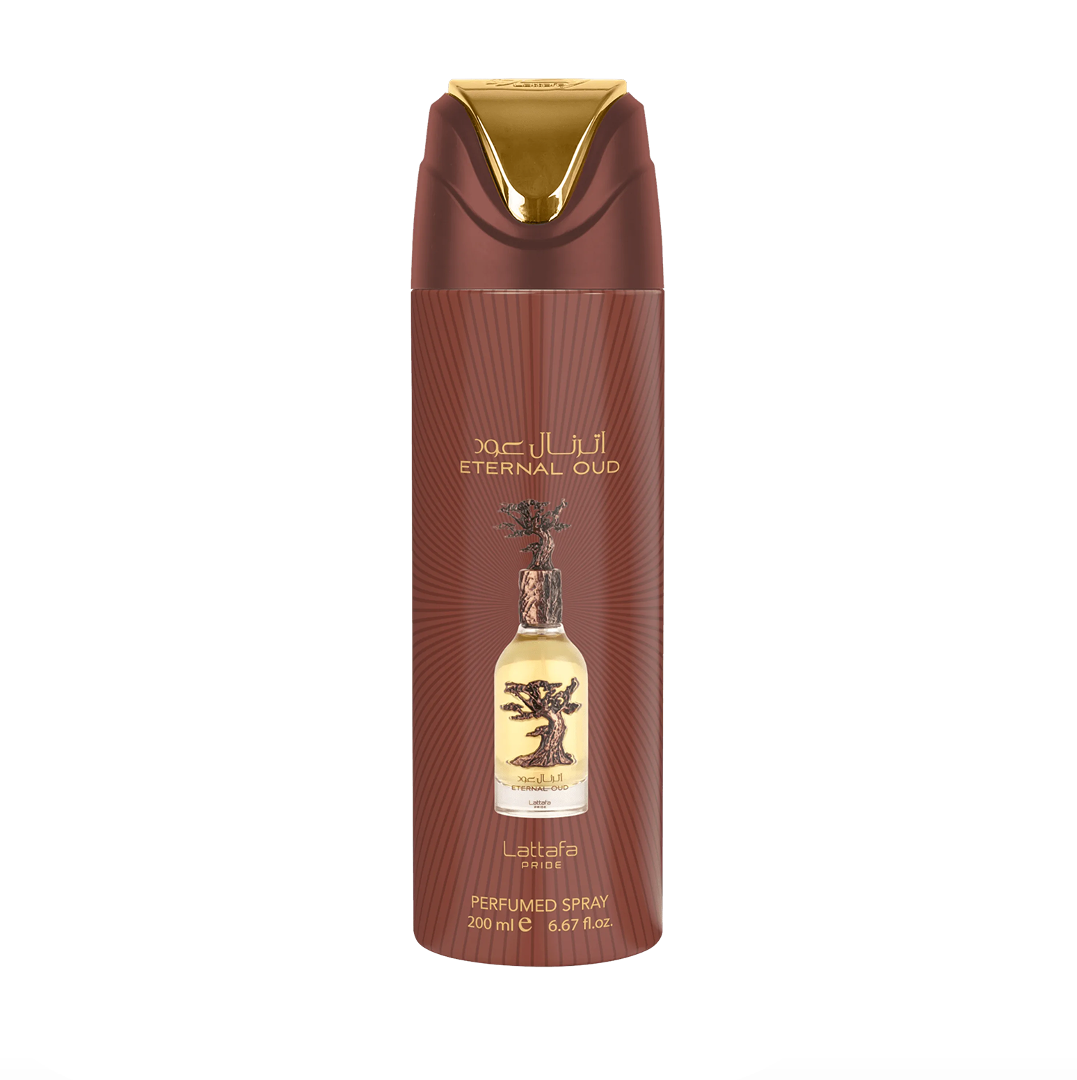 Ammattimainen tuotekuva Lattafa Pride Eternal Oud -deodoranttipullosta (200 ml), joka korostaa sen tyylikästä muotoilua ja Lattafa Pride -malliston premium-brändäystä puhdasta, modernia taustaa vasten.