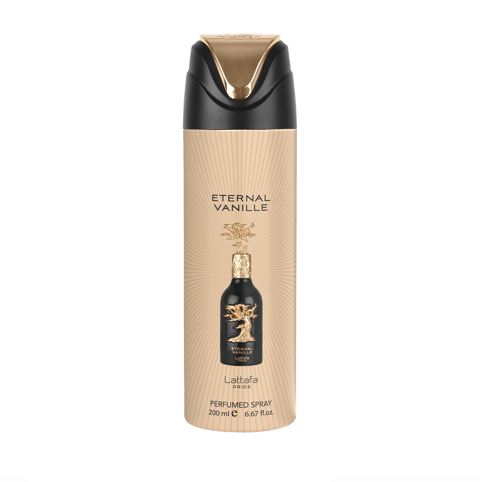 Ammattimainen tuotekuva Lattafa Pride Eternal Vanille -deodoranttipullosta (200 ml), joka korostaa sen tyylikästä muotoilua ja Lattafa Pride -malliston ensiluokkaista, eleganttia tuotemerkkiä puhdasta, modernia taustaa vasten.