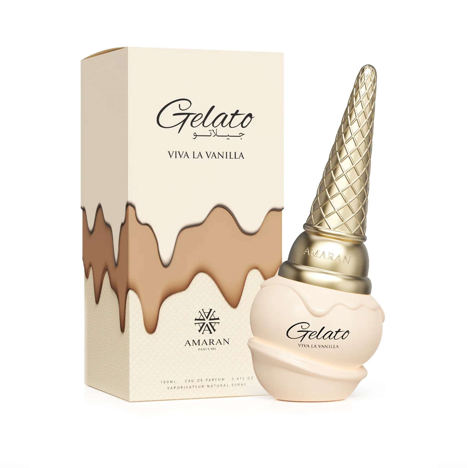 A professional product display showing the cream-colored, ice-cream-cone-shaped 100ml bottle standing beside its matching, creatively themed packaging, which features a design resembling melting vanilla ice cream.
