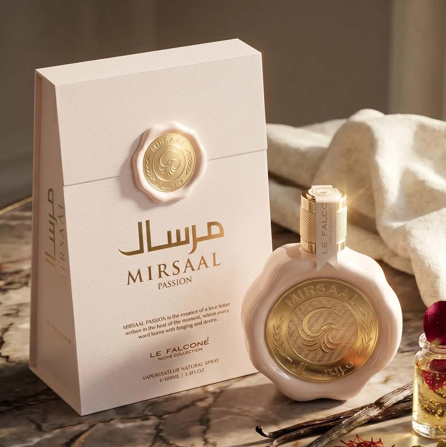 Mirsaal Passion Eau de Parfum -parfyymin ensiluokkainen tuotenäyttö, jossa on vaaleanpunainen, vahasuljettu 100 ml:n pullo ja siihen sopiva tyylikäs lahjapakkaus, joka on muotoiltu vaniljapapujen ja aromaattisten korostusten avulla marmoripinnalla.