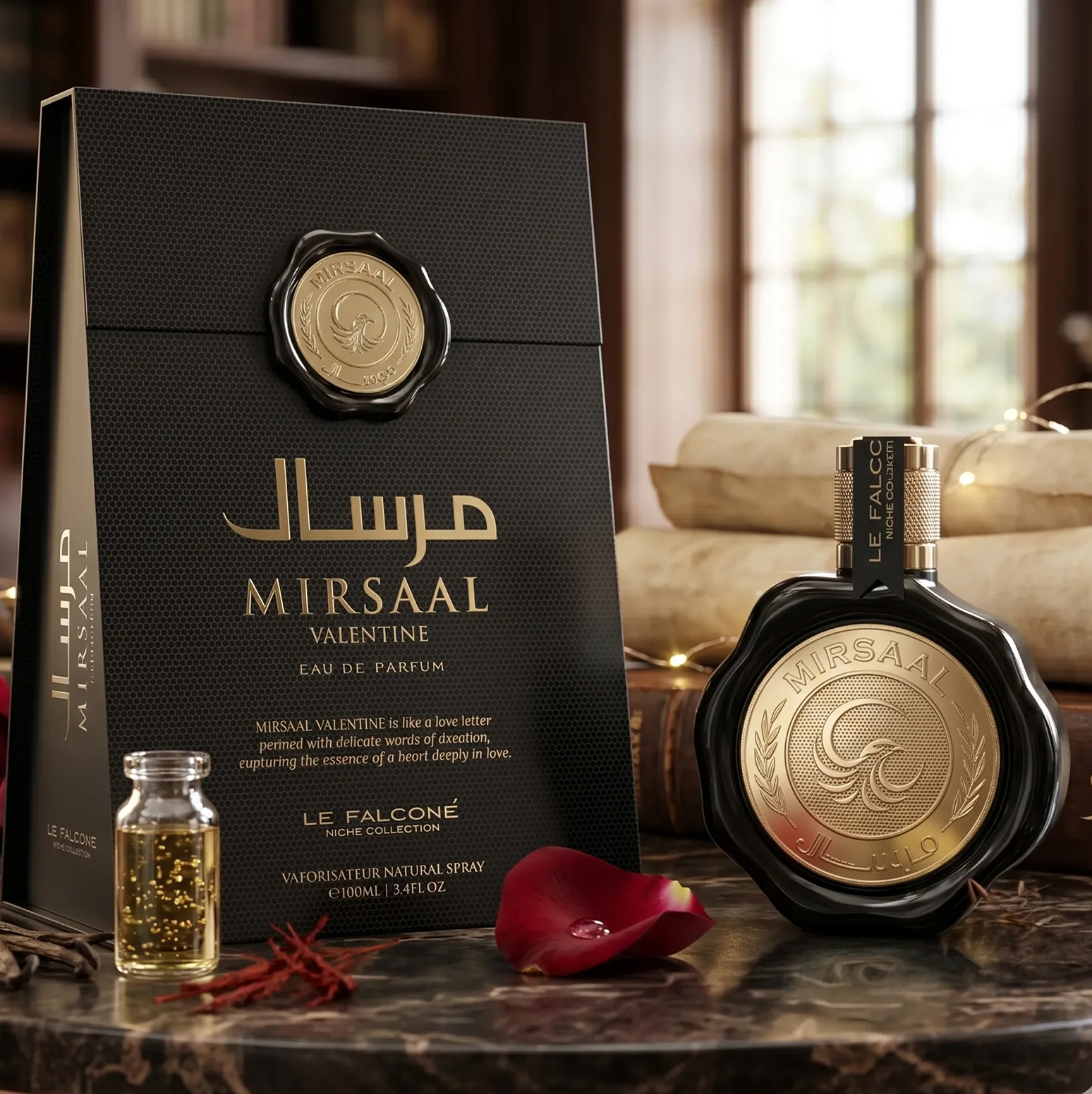 Ylellinen Mirsaal Valentine Eau de Parfum -tuotenäyttely, jossa on musta vahasuljettu 100 ml:n pullo ja siihen sopiva musta lahjapakkaus, ruusun terälehti ja kultaiset korostukset klassisessa pöytäasetelmassa.