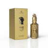 Le Falconé Muharib Alpha Extrait de Parfum -parfyymin premium-tuote-esittely, jossa 85 ml:n pullo on esillä sen tyylikkään, kuvioidun kultaisen laatikon vieressä, jossa on ikoninen spartalainen kypärämalli.