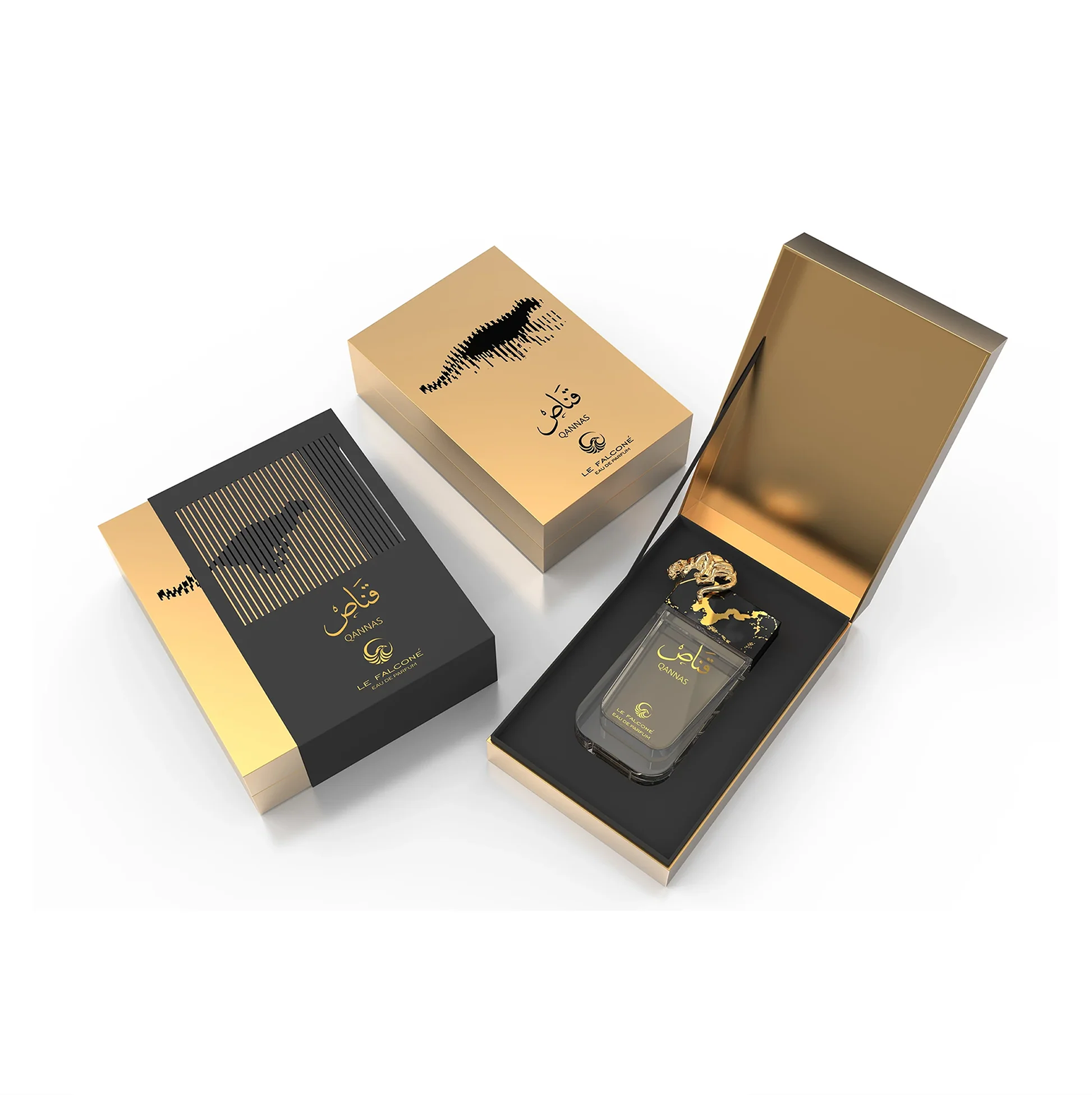 Le Falconé Qannas Eau de Parfum -parfyymin ensiluokkainen esittely, jossa 90 ml:n pullo on esillä tyylikkäässä mustassa ja kultaisessa lahjapakkauksessa, jossa korostuu ylellinen muotoilu ja kultainen pantteri.