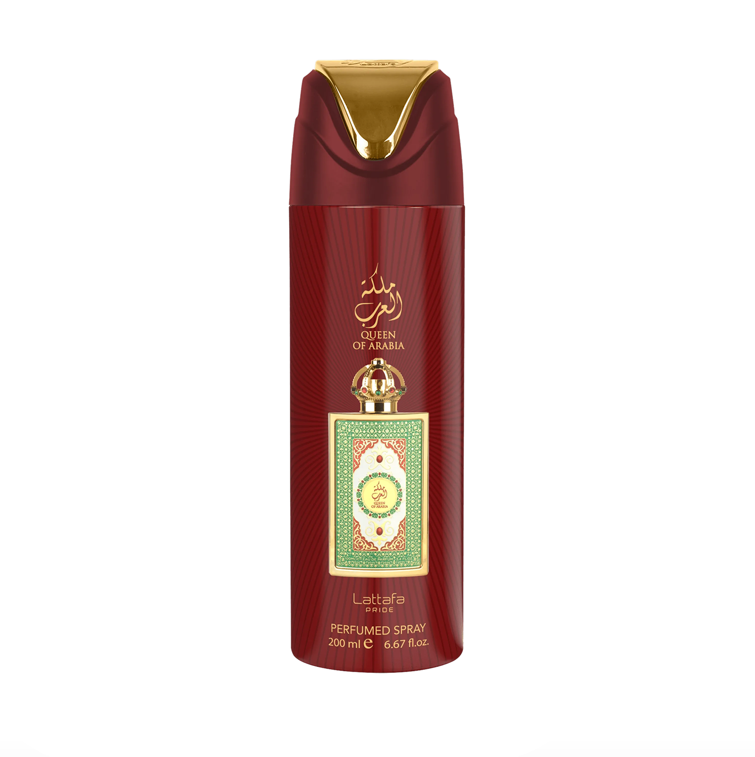 Ammattimainen tuotekuva Lattafa Pride Queen of Arabia -deodoranttipullosta (200 ml), joka korostaa sen tyylikästä muotoilua ja Lattafa Pride -malliston ensiluokkaista, eleganttia tuotemerkkiä puhdasta, modernia taustaa vasten.
