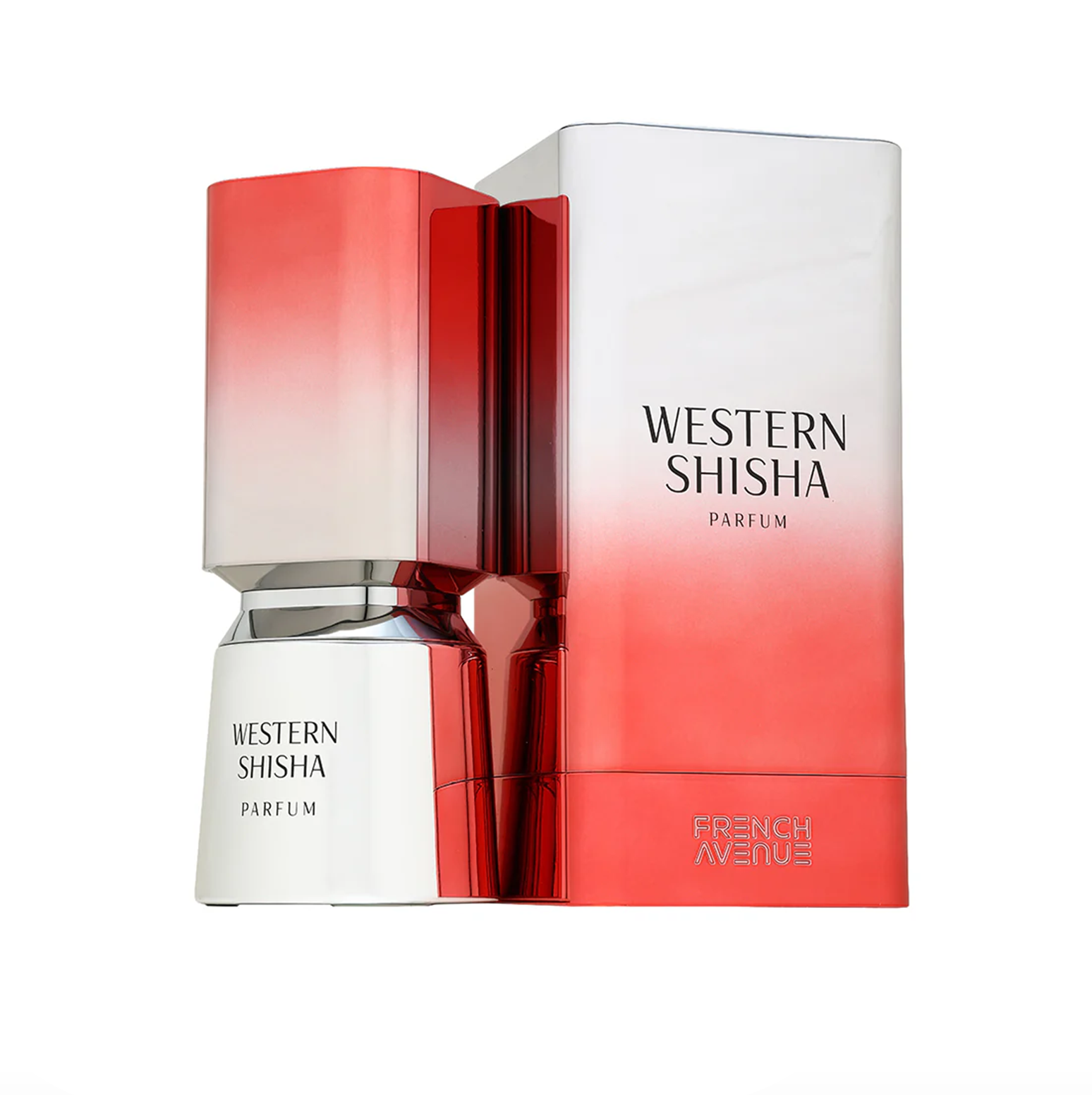 Displays the SHISHA WESTERN bottle alongside its elegant red and white gradient presentation box