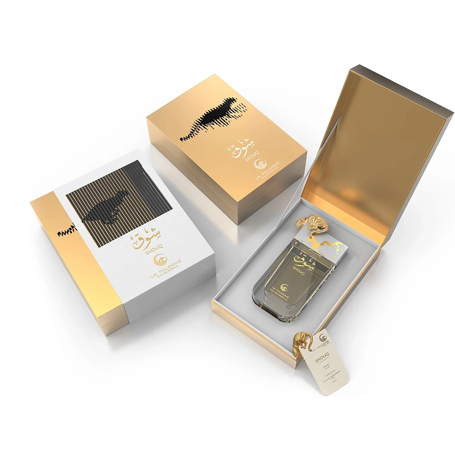 Le Falconé Shouq Eau de Parfum -parfyymin ensiluokkainen esillepano, jossa 90 ml:n pullo on esillä tyylikkään valkoisen ja kultaisen lahjapakkauksen ohella, ja jossa korostuu ylellinen muotoilu ja kultainen pantteri-kuvio.