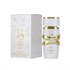 A professional product photography shot displaying the Lattafa Yara Moi perfume oil bottle placed elegantly next to its original luxurious box, highlighting the refined gold-toned aesthetic and premium presentation.
