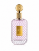 A clean studio shot showcasing the Ria by Khadlaj perfume bottle against a pure white background. The elegant crystal-textured bottle with soft pink tones and luxurious gold accents is illuminated with professional lighting, highlighting its feminine charm and premium craftsmanship. Luxury fragrance photography, ultra-detailed.