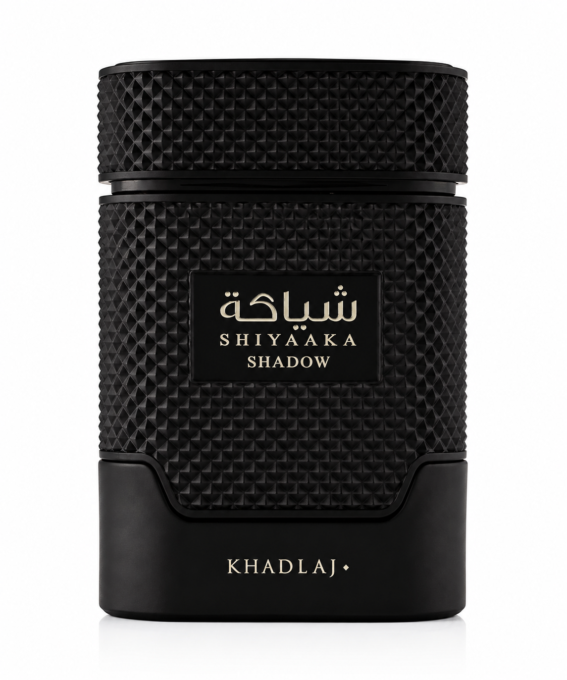 A sophisticated product photograph featuring Shiyaaka Shadow by Khadlaj EDP 100ml. The elegant black bottle stands on a glossy white surface with subtle reflections, emphasizing its bold masculine character and premium craftsmanship. Minimalist luxury aesthetic, ultra-detailed.